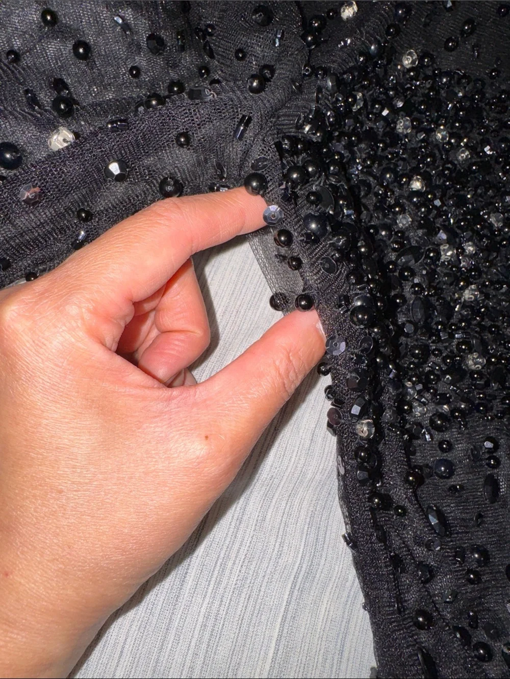 Black Beaded Sheer Mesh Long-Sleeve Mesh Mini Cocktail Dress - Picture 10 of 17